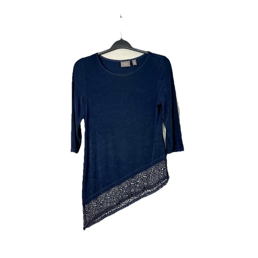 CHICO'S Travelers Womens Classic Sierra Diagonal‎ Lace Hem Tunic Top Blue Size 0